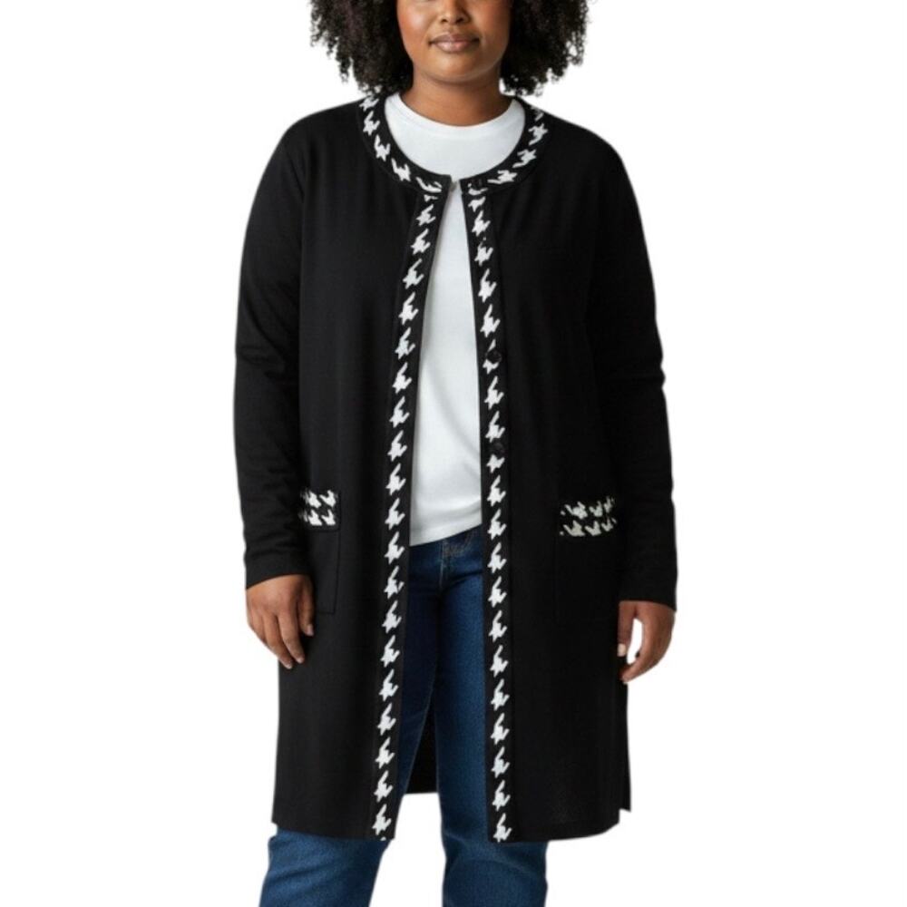Misook Black Houndstooth Trim Longline Cardigan Sweater 1X